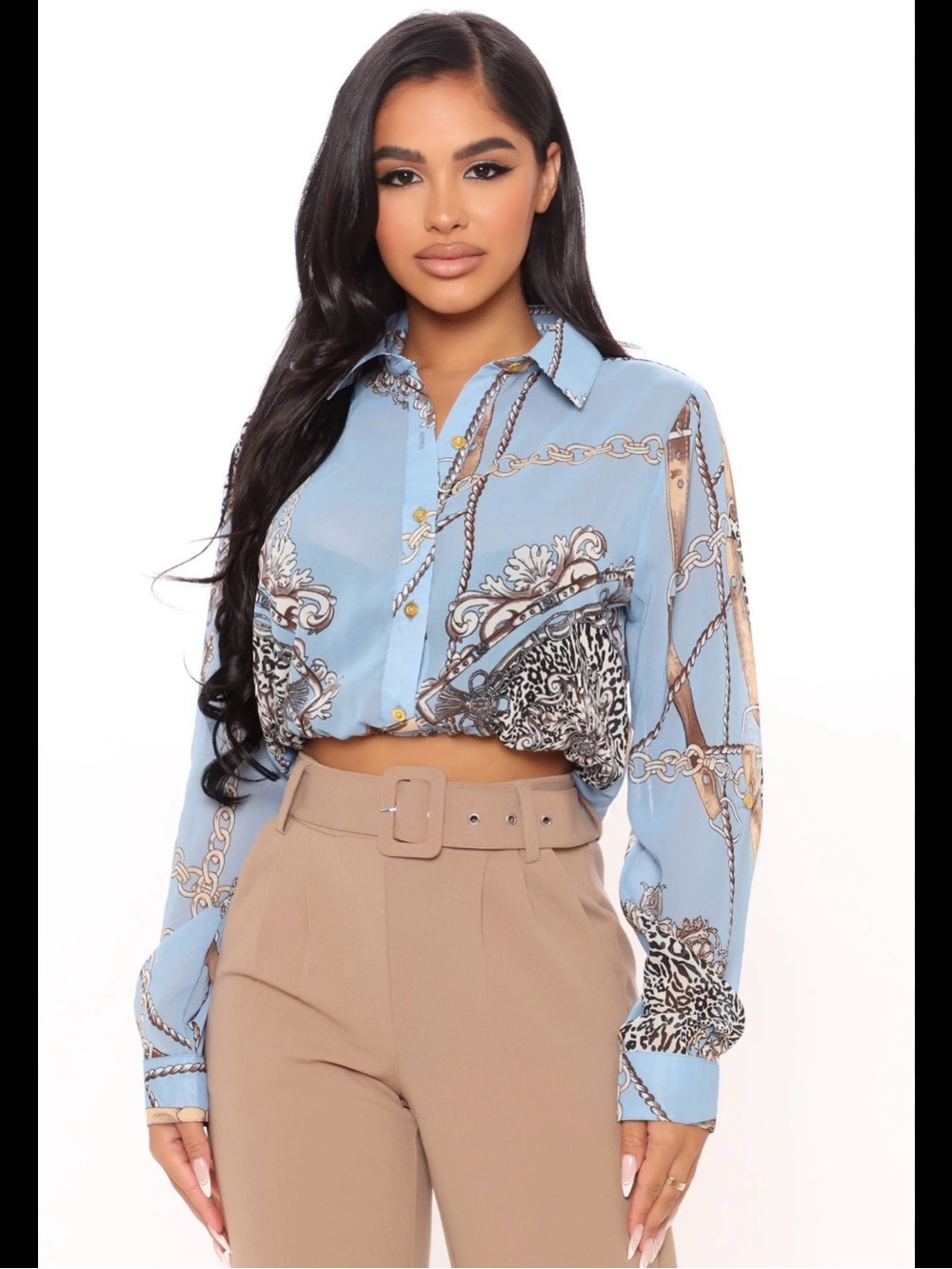 Fashion Nova Light Blue Chain-Print Cropped Button-Down